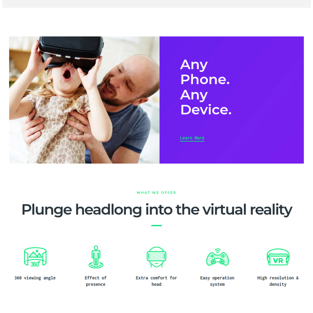Virtual Reality Landing Page & Store WordPress Responsive Website